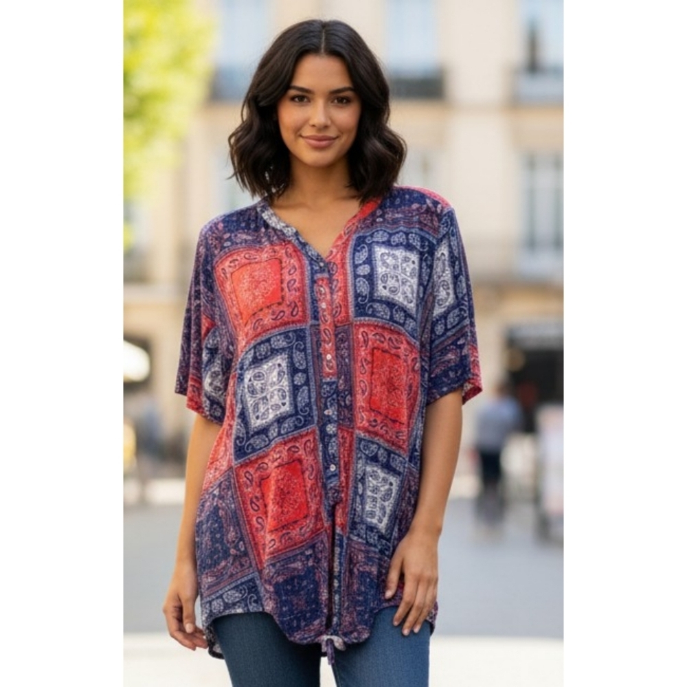 Cato Tie Front button down Bandana print top Red & Blue Size 18/20W